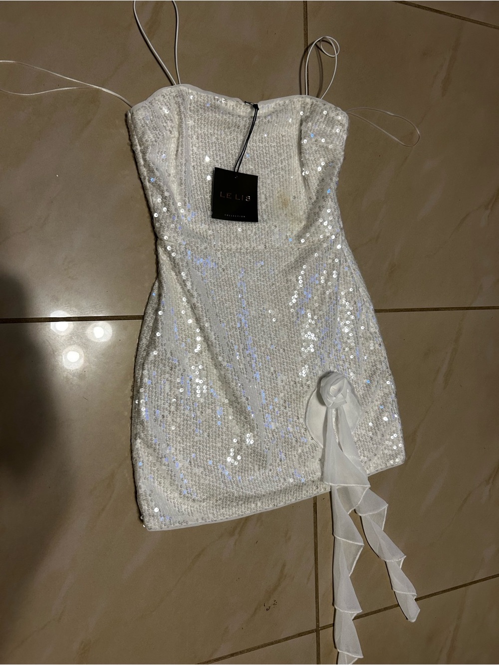 Le Lis White Sequin Spaghetti-Strap Mini Dress with Sheer Ribbon